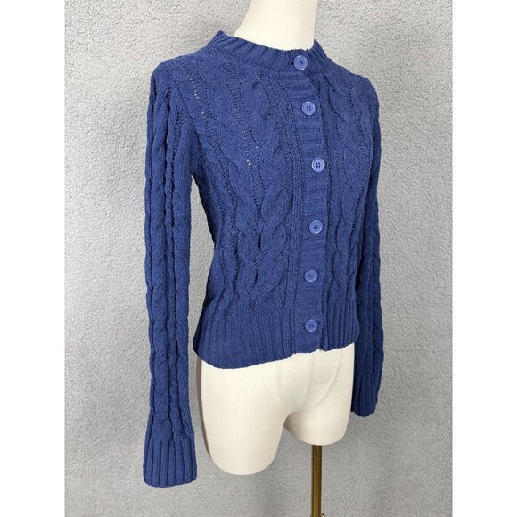 Hippie Rose  Junior Cable Knit Button-Up Cardigan Sweater Deep Cobalt  XS NWT's - Picture 3 of 8